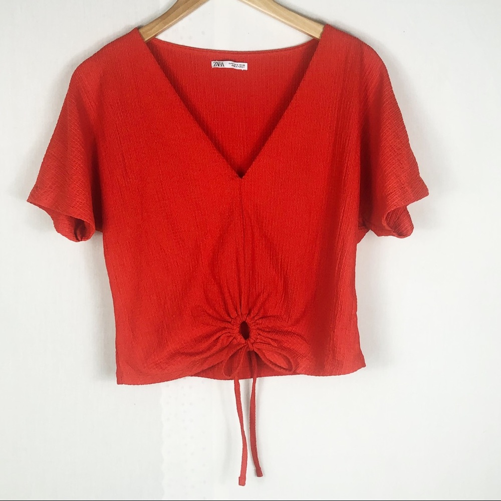 ZARA Orange Crepe Tie Front Top | V-Neck Short Sleeve Blouse | Size Small